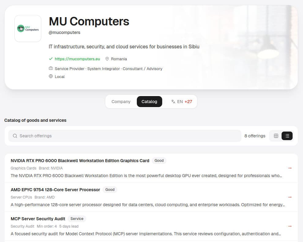Example of a public Listano company profile and structured B2B catalog